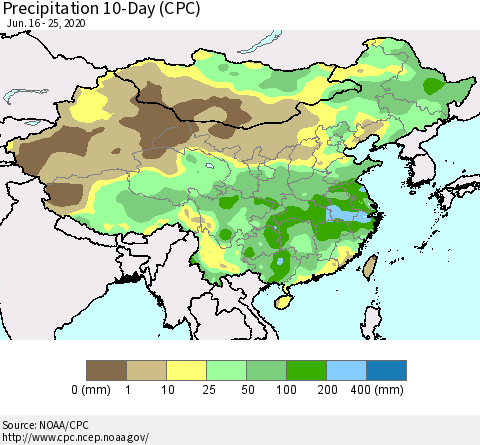 China, Mongolia and Taiwan Precipitation 10-Day (CPC) Thematic Map For 6/16/2020 - 6/25/2020