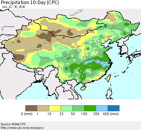 China, Mongolia and Taiwan Precipitation 10-Day (CPC) Thematic Map For 6/21/2020 - 6/30/2020