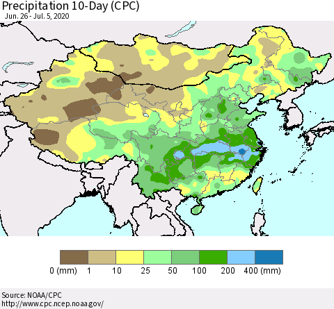China, Mongolia and Taiwan Precipitation 10-Day (CPC) Thematic Map For 6/26/2020 - 7/5/2020
