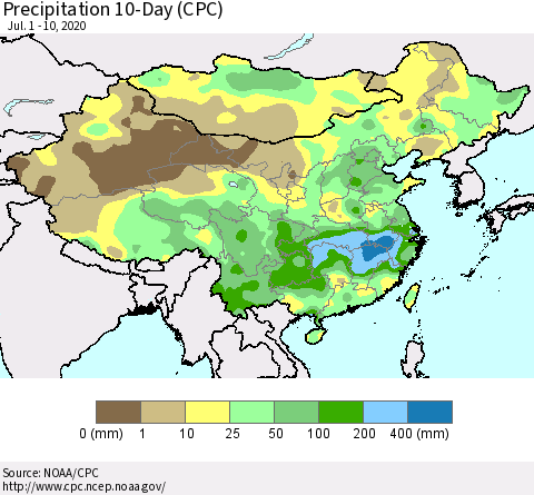 China, Mongolia and Taiwan Precipitation 10-Day (CPC) Thematic Map For 7/1/2020 - 7/10/2020