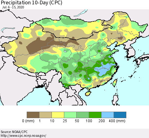 China, Mongolia and Taiwan Precipitation 10-Day (CPC) Thematic Map For 7/6/2020 - 7/15/2020