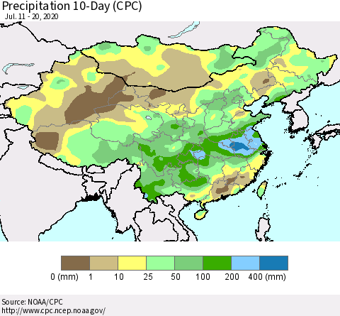 China, Mongolia and Taiwan Precipitation 10-Day (CPC) Thematic Map For 7/11/2020 - 7/20/2020