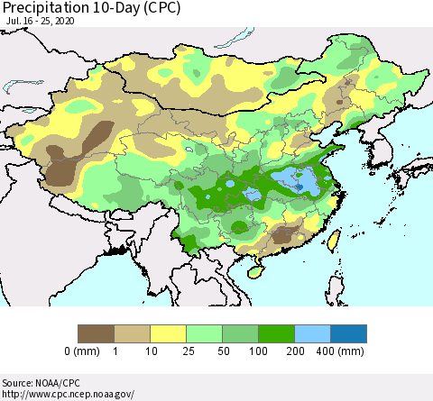 China, Mongolia and Taiwan Precipitation 10-Day (CPC) Thematic Map For 7/16/2020 - 7/25/2020