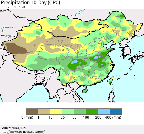 China, Mongolia and Taiwan Precipitation 10-Day (CPC) Thematic Map For 7/21/2020 - 7/31/2020