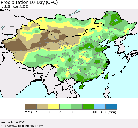 China, Mongolia and Taiwan Precipitation 10-Day (CPC) Thematic Map For 7/26/2020 - 8/5/2020