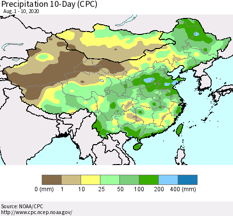 China, Mongolia and Taiwan Precipitation 10-Day (CPC) Thematic Map For 8/1/2020 - 8/10/2020