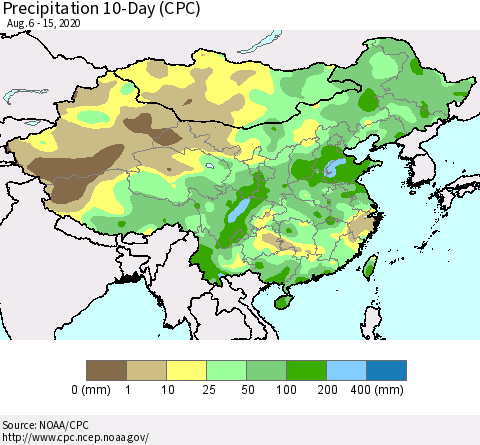 China, Mongolia and Taiwan Precipitation 10-Day (CPC) Thematic Map For 8/6/2020 - 8/15/2020