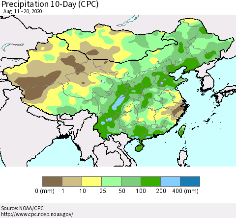 China, Mongolia and Taiwan Precipitation 10-Day (CPC) Thematic Map For 8/11/2020 - 8/20/2020