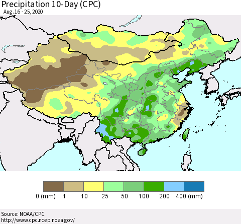 China, Mongolia and Taiwan Precipitation 10-Day (CPC) Thematic Map For 8/16/2020 - 8/25/2020