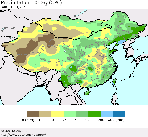 China, Mongolia and Taiwan Precipitation 10-Day (CPC) Thematic Map For 8/21/2020 - 8/31/2020