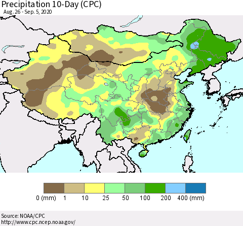 China, Mongolia and Taiwan Precipitation 10-Day (CPC) Thematic Map For 8/26/2020 - 9/5/2020