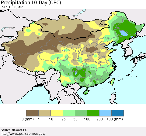 China, Mongolia and Taiwan Precipitation 10-Day (CPC) Thematic Map For 9/1/2020 - 9/10/2020