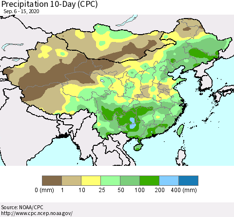 China, Mongolia and Taiwan Precipitation 10-Day (CPC) Thematic Map For 9/6/2020 - 9/15/2020