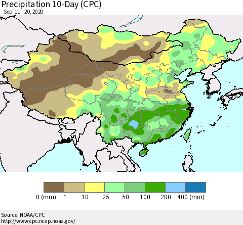 China, Mongolia and Taiwan Precipitation 10-Day (CPC) Thematic Map For 9/11/2020 - 9/20/2020