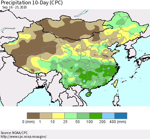China, Mongolia and Taiwan Precipitation 10-Day (CPC) Thematic Map For 9/16/2020 - 9/25/2020