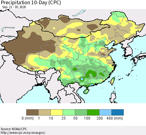 China, Mongolia and Taiwan Precipitation 10-Day (CPC) Thematic Map For 9/21/2020 - 9/30/2020