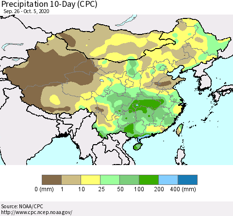 China, Mongolia and Taiwan Precipitation 10-Day (CPC) Thematic Map For 9/26/2020 - 10/5/2020