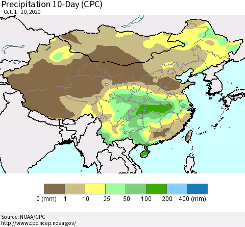 China, Mongolia and Taiwan Precipitation 10-Day (CPC) Thematic Map For 10/1/2020 - 10/10/2020