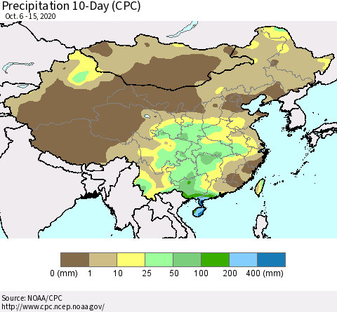 China, Mongolia and Taiwan Precipitation 10-Day (CPC) Thematic Map For 10/6/2020 - 10/15/2020