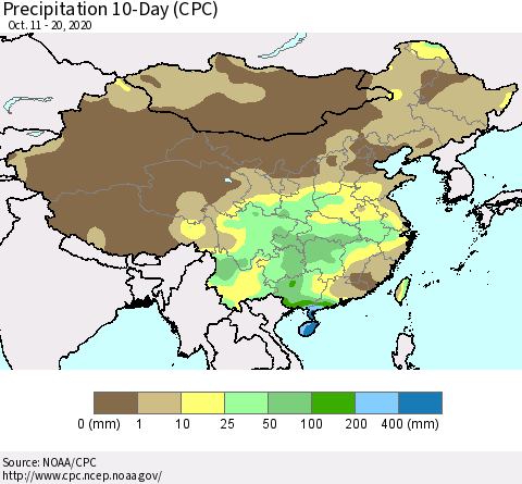 China, Mongolia and Taiwan Precipitation 10-Day (CPC) Thematic Map For 10/11/2020 - 10/20/2020