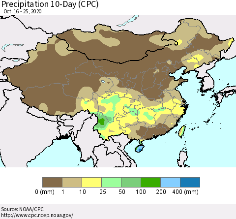 China, Mongolia and Taiwan Precipitation 10-Day (CPC) Thematic Map For 10/16/2020 - 10/25/2020