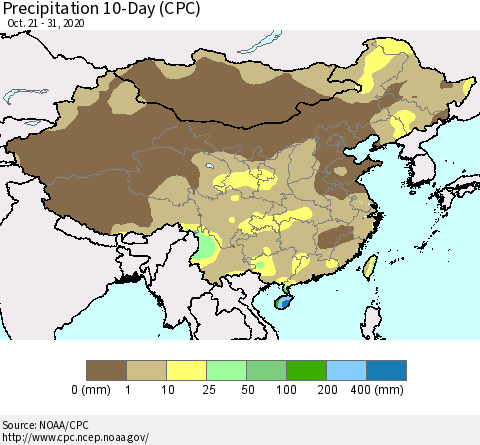 China, Mongolia and Taiwan Precipitation 10-Day (CPC) Thematic Map For 10/21/2020 - 10/31/2020