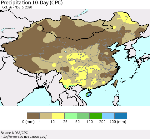 China, Mongolia and Taiwan Precipitation 10-Day (CPC) Thematic Map For 10/26/2020 - 11/5/2020