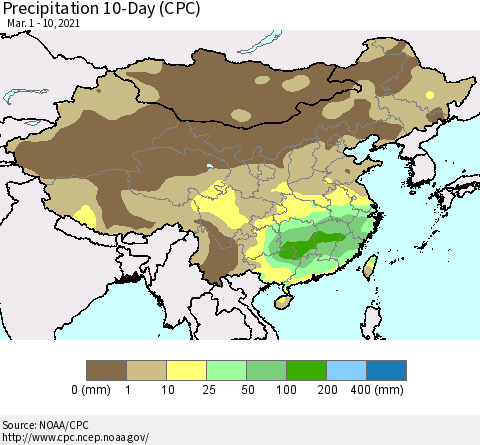 China, Mongolia and Taiwan Precipitation 10-Day (CPC) Thematic Map For 3/1/2021 - 3/10/2021