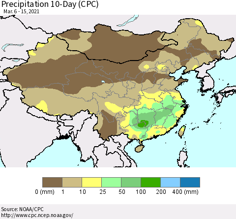 China, Mongolia and Taiwan Precipitation 10-Day (CPC) Thematic Map For 3/6/2021 - 3/15/2021