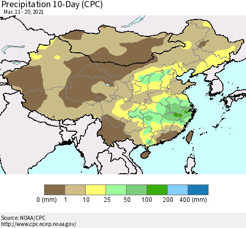 China, Mongolia and Taiwan Precipitation 10-Day (CPC) Thematic Map For 3/11/2021 - 3/20/2021