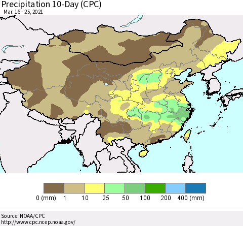 China, Mongolia and Taiwan Precipitation 10-Day (CPC) Thematic Map For 3/16/2021 - 3/25/2021