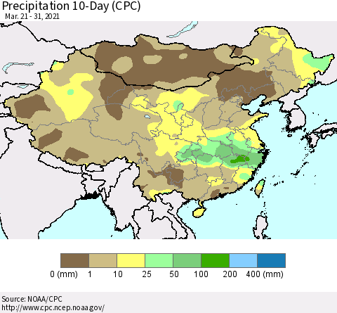 China, Mongolia and Taiwan Precipitation 10-Day (CPC) Thematic Map For 3/21/2021 - 3/31/2021