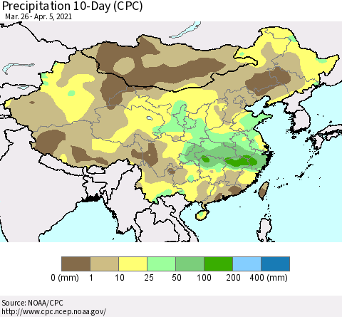 China, Mongolia and Taiwan Precipitation 10-Day (CPC) Thematic Map For 3/26/2021 - 4/5/2021