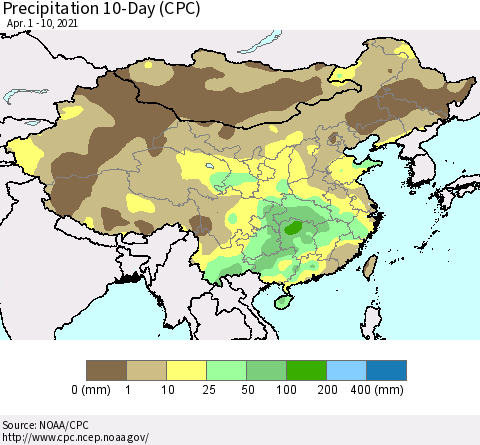 China, Mongolia and Taiwan Precipitation 10-Day (CPC) Thematic Map For 4/1/2021 - 4/10/2021