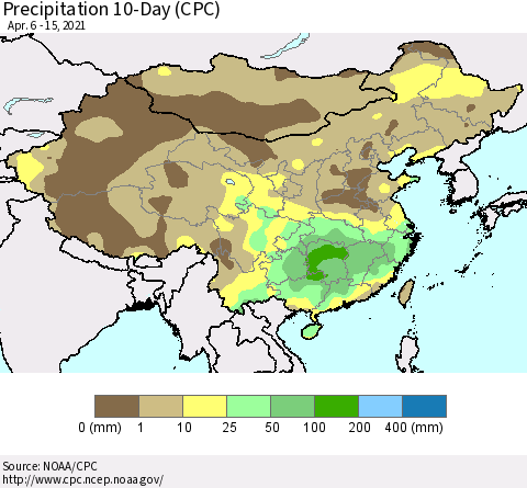 China, Mongolia and Taiwan Precipitation 10-Day (CPC) Thematic Map For 4/6/2021 - 4/15/2021