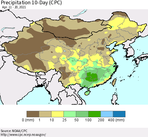 China, Mongolia and Taiwan Precipitation 10-Day (CPC) Thematic Map For 4/11/2021 - 4/20/2021