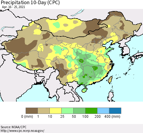 China, Mongolia and Taiwan Precipitation 10-Day (CPC) Thematic Map For 4/16/2021 - 4/25/2021