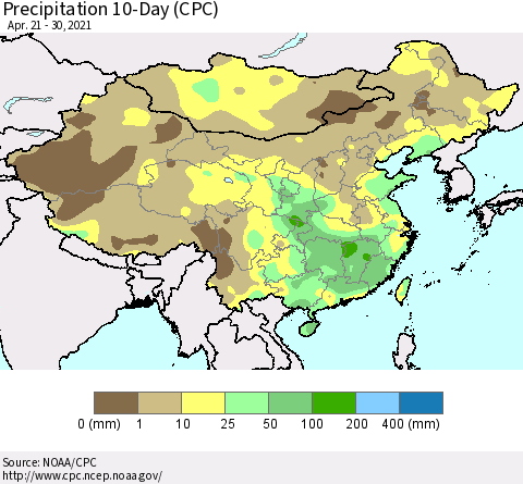 China, Mongolia and Taiwan Precipitation 10-Day (CPC) Thematic Map For 4/21/2021 - 4/30/2021