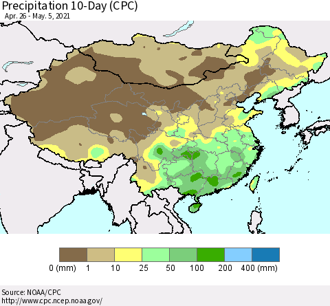 China, Mongolia and Taiwan Precipitation 10-Day (CPC) Thematic Map For 4/26/2021 - 5/5/2021