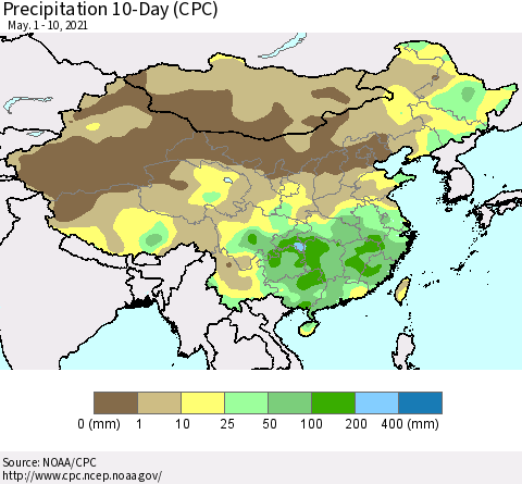China, Mongolia and Taiwan Precipitation 10-Day (CPC) Thematic Map For 5/1/2021 - 5/10/2021
