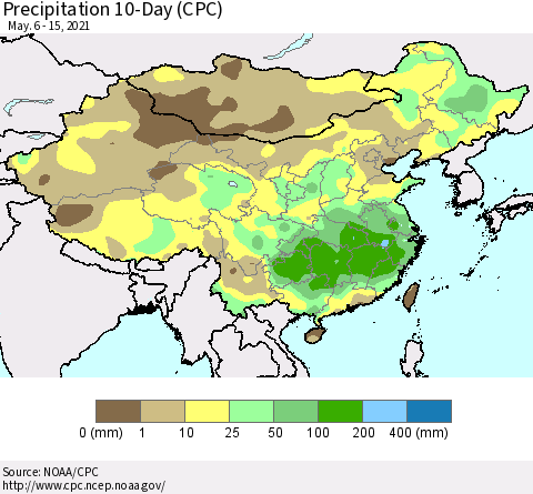 China, Mongolia and Taiwan Precipitation 10-Day (CPC) Thematic Map For 5/6/2021 - 5/15/2021