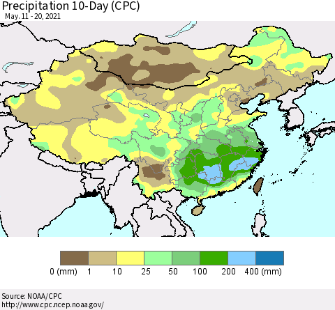 China, Mongolia and Taiwan Precipitation 10-Day (CPC) Thematic Map For 5/11/2021 - 5/20/2021