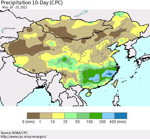 China, Mongolia and Taiwan Precipitation 10-Day (CPC) Thematic Map For 5/16/2021 - 5/25/2021