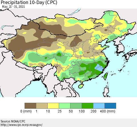 China, Mongolia and Taiwan Precipitation 10-Day (CPC) Thematic Map For 5/21/2021 - 5/31/2021