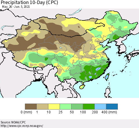 China, Mongolia and Taiwan Precipitation 10-Day (CPC) Thematic Map For 5/26/2021 - 6/5/2021