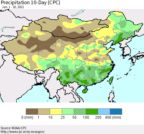 China, Mongolia and Taiwan Precipitation 10-Day (CPC) Thematic Map For 6/1/2021 - 6/10/2021