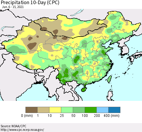 China, Mongolia and Taiwan Precipitation 10-Day (CPC) Thematic Map For 6/6/2021 - 6/15/2021