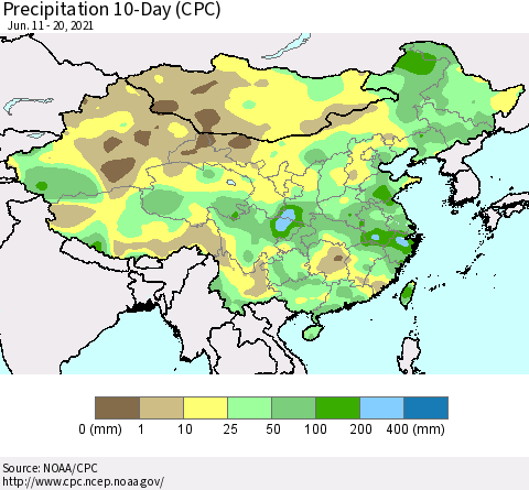 China, Mongolia and Taiwan Precipitation 10-Day (CPC) Thematic Map For 6/11/2021 - 6/20/2021