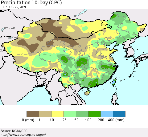 China, Mongolia and Taiwan Precipitation 10-Day (CPC) Thematic Map For 6/16/2021 - 6/25/2021