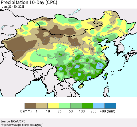 China, Mongolia and Taiwan Precipitation 10-Day (CPC) Thematic Map For 6/21/2021 - 6/30/2021
